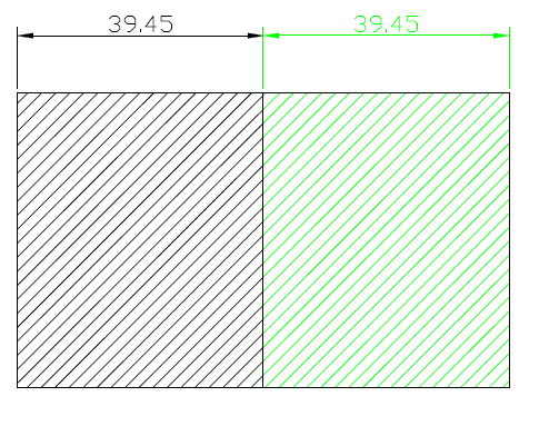 Two hatched squares side by side, one black and one green, each dimensioned 39.45 - the same object before annotative scaling is applied