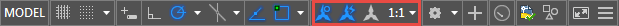 The AutoCAD status bar with the annotation visibility toggles highlighted: show annotative objects, add scales automatically when the annotation scale changes, and the current scale set to 1:1