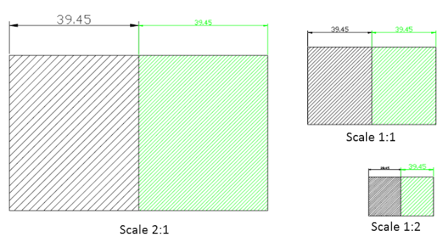 The same hatched squares plotted at three scales, 2:1, 1:1 and 1:2 - the geometry changes size but the 39.45 dimension text and the hatch spacing stay the same printed size in all three
