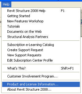 The Revit Structure 2008 Help menu with Product and License Information highlighted at the bottom
