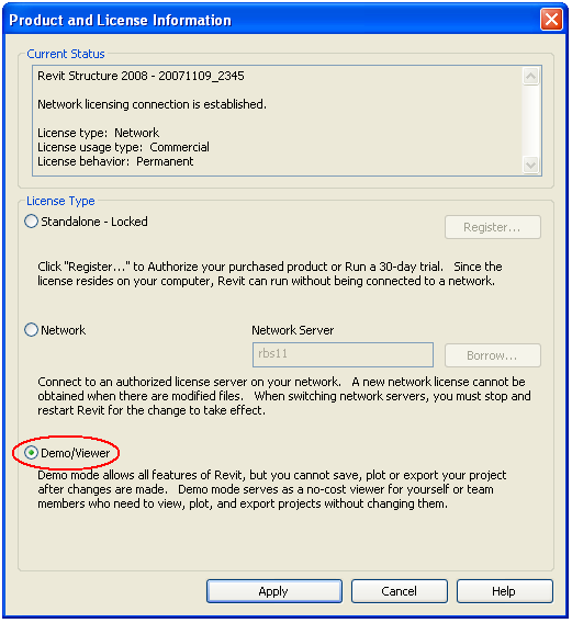 The Product and License Information dialog with Demo/Viewer circled in red - the mode that allows viewing, plotting and exporting but not saving after changes
