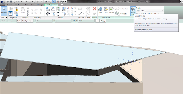 Revit Modify Sweep ribbon with Select Profile hovered, tooltip explaining you can sketch a profile or choose one from the Type Selector drop-down
