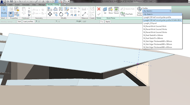 The Revit profile drop-down open, listing Lysaght 150 half round gutter profile and its DOWN VIEW variant among the loaded profile families