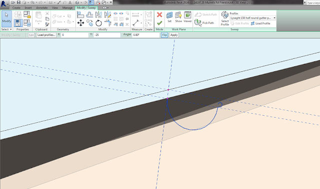 Close view of the half round gutter profile swept along the roof edge in Revit, with the X and Y offset fields and the Flip button visible on the options bar