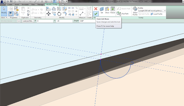 Revit Modify Sweep ribbon with the green tick hovered, tooltip reading Finish Edit Mode - saves changes and exits the tool - and the gutter profile in place on the edge