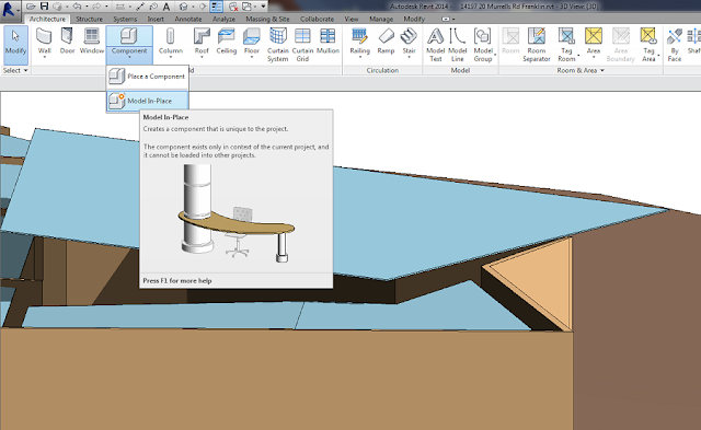 Revit Architecture ribbon with the Component drop-down open, showing Place a Component and Model In-Place, and the Model In-Place tooltip explaining it creates a component unique to the project