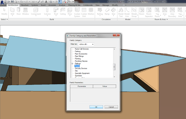 Revit Family Category and Parameters dialog with Roofs selected in the category list