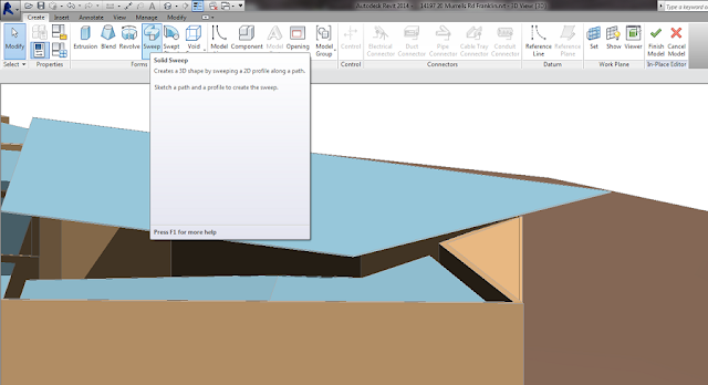 Revit in-place editor Create ribbon with the Sweep tool hovered, tooltip reading Solid Sweep - creates a 3D shape by sweeping a 2D profile along a path