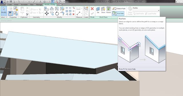 Revit Modify Sweep ribbon with Pick Path hovered, tooltip explaining you can select edges of 3D geometry in multiple work planes to define the sweep path
