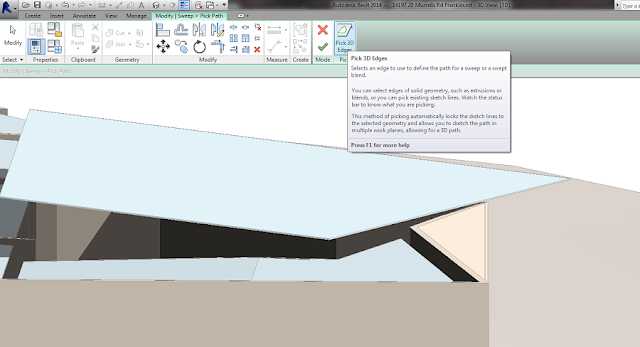 Revit Modify Sweep, Pick Path ribbon with Pick 3D Edges hovered, tooltip explaining it locks sketch lines to the selected geometry so a 3D path can be sketched