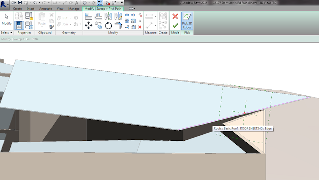 The sloping roof edge highlighted in Revit with the status tip reading Roofs: Basic Roof: ROOF SHEETING: Edge, showing the edge being picked for the gutter path