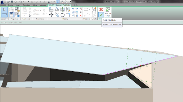 Revit Modify Sweep, Pick Path ribbon with the green tick hovered, tooltip reading Finish Edit Mode, and the picked roof edge highlighted along the eave