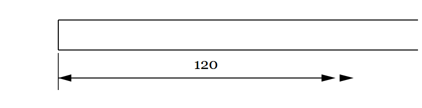 A dimension line reading 120 with a normal arrowhead at the projection line on the left, and a double arrowhead at the free end on the right where the dimension cannot be drawn to its true termination