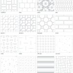 A grid of CAD hatch pattern previews - brick, concrete, insulation and tiling